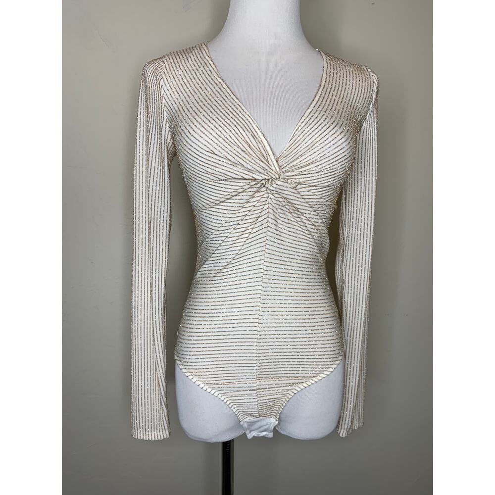 Francesca's Cream Gold Bodysuit Twist Bust Sz XS Coquette Glam - Picture 1 of 9